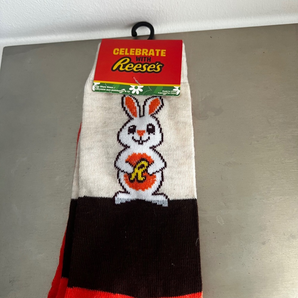 Reese's Easter Bunny Socks Orange Brown White Mens Womens Shoe Size 6-12 NEW
